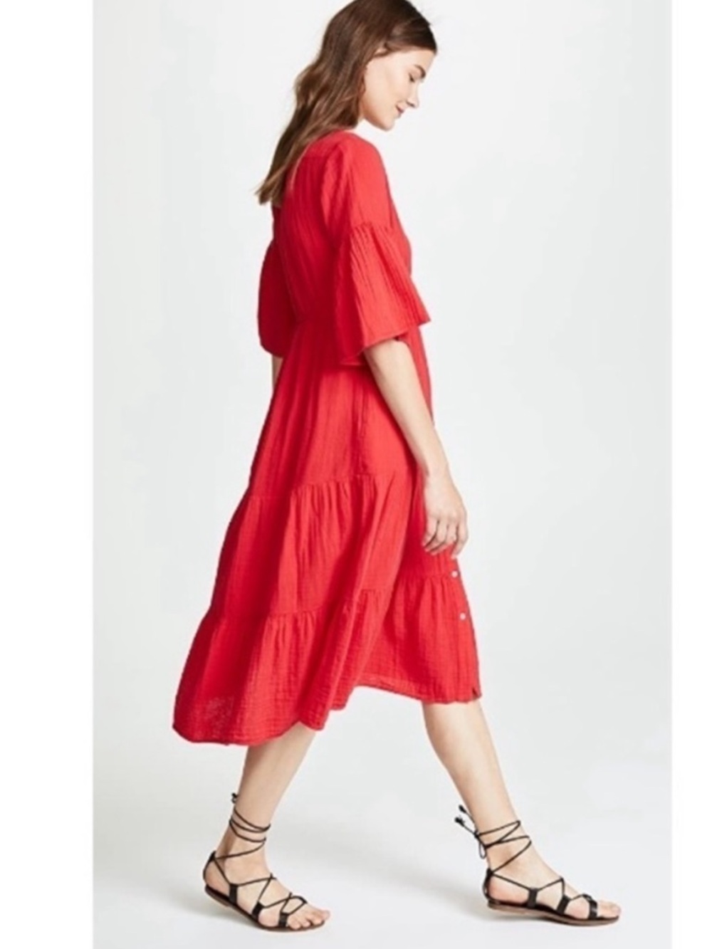 XiRENA Red Button-Front Midi Dress